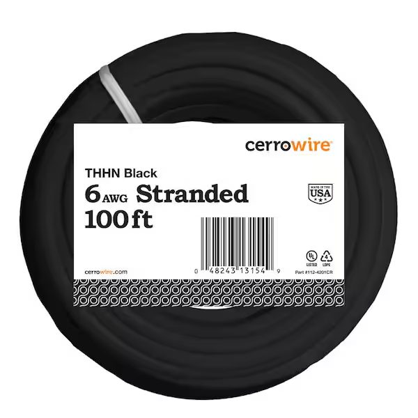 THHN Wire, 6 AWG, Stranded Core, 100' Long, Black, 19 Strand