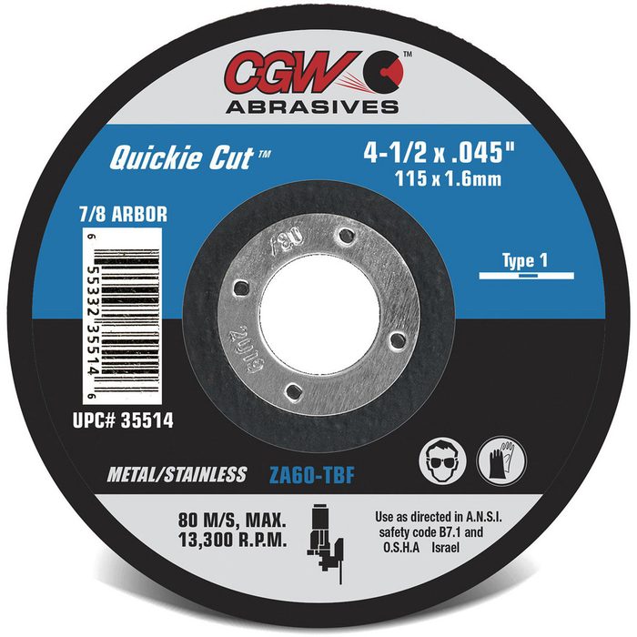 Cutoff Wheel: Type 1 (01/41), 3" Dia, 1/32" Thick, 1/4" Hole, Aluminum Oxide 60 Grit