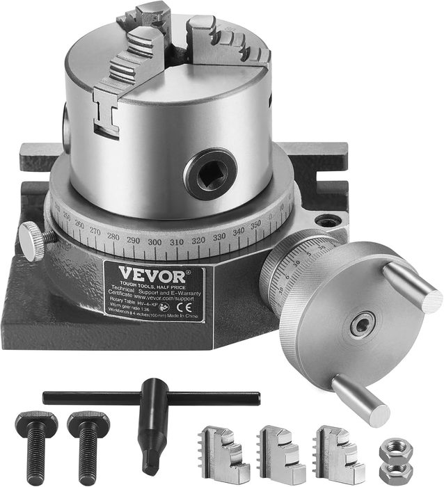Rotary Table for Milling Machines, 4''/ 100 mm, Horizontal Vertical Model Precision Milling Rotary Table, with 3.1''/80 mm 3-Jaw Chuck M10 T-Bolts Nuts