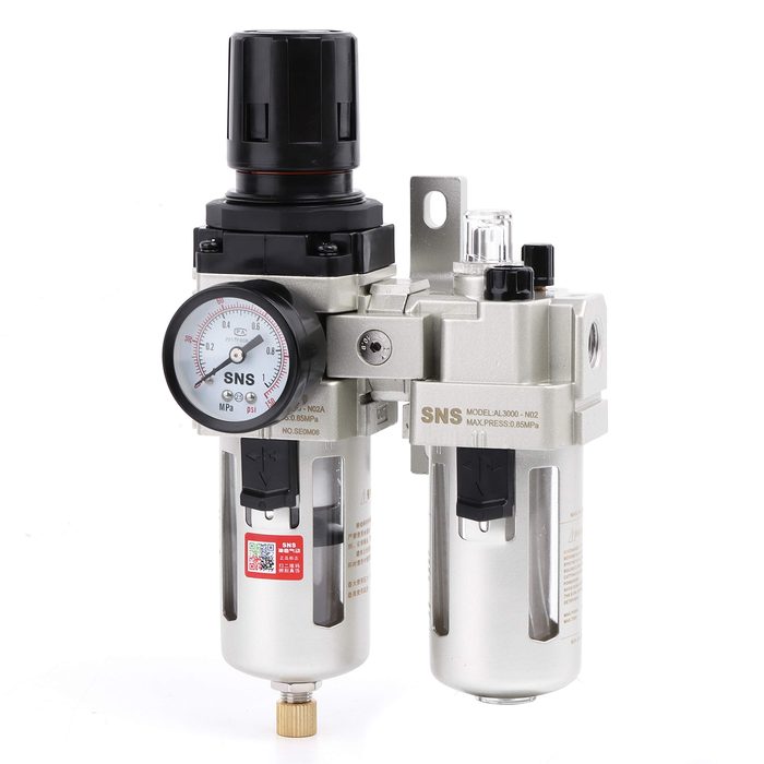 1/4" NPT Compressed Air Filter Regulator Lubricator Two Units Combo FRL Water/Oil Trap Separator, Semi-auto Drain, Gauge and Bracket, Poly Bowl with Metal Guard