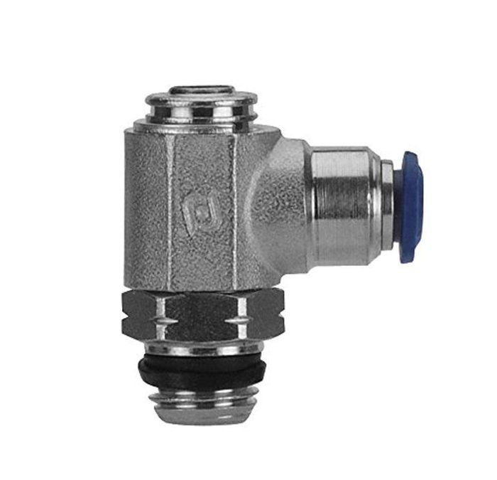 Right Angle Flow Control, Meter Out, Knob Adjust, 3/8" Tube x 1/4" Swift-Fit Universal Male Thread