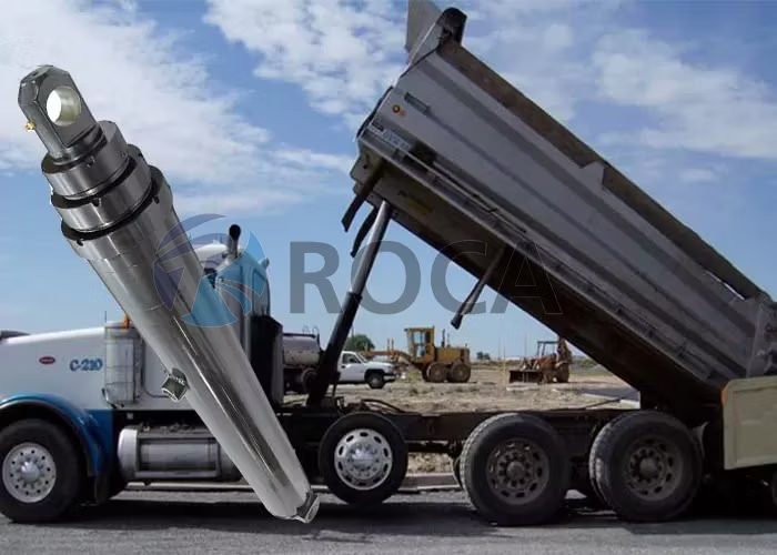 Double acting hydraulic cylinder for dump trucks