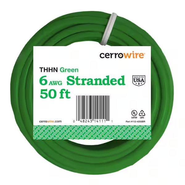 6 AWG 6 Strand THHN-THWN Green Nylon Wire
