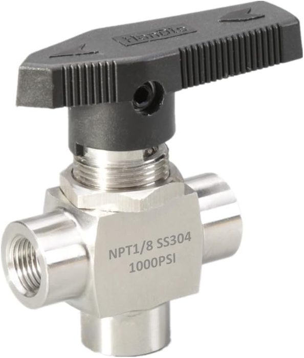 3-Way Ball Valve, L-Port, 1/8" NPT, 304 Stainless Steel