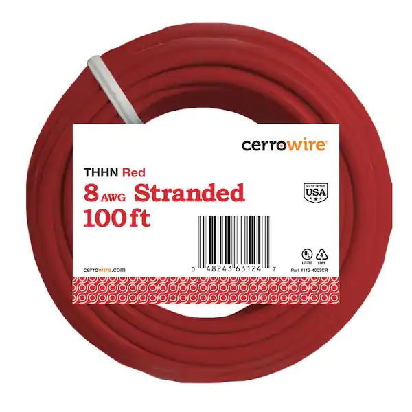 8 Gauge Red Stranded Copper THHN Wire, 100 ft.