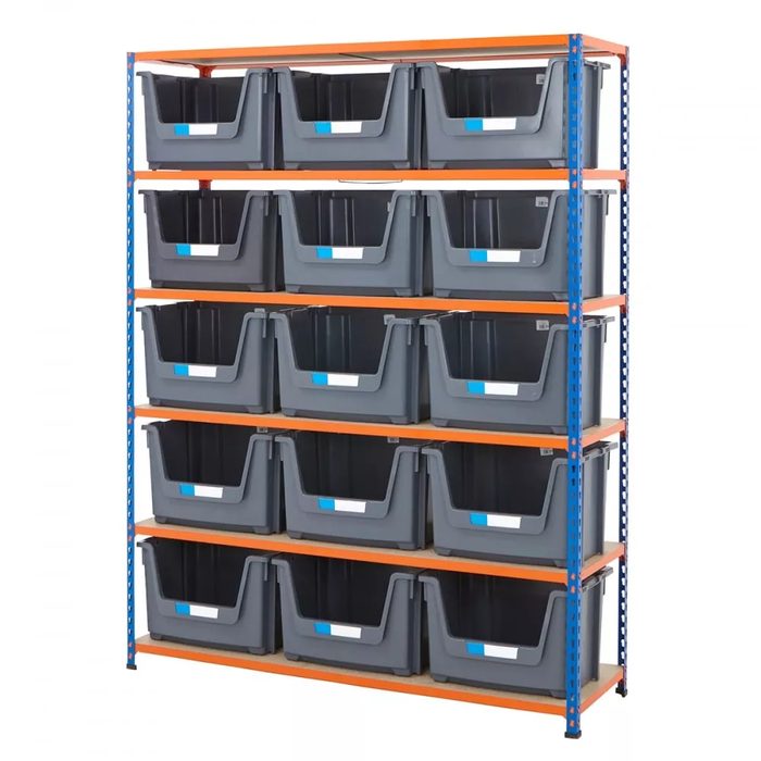 Shelf Unit with 36 Large Plastic Parts Bins
