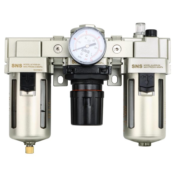 Three-unit combo compressed air filter regulator lubricator FRL, air preparation unit 1/2" NPT manual drain metal bowl 10 micron with gauge