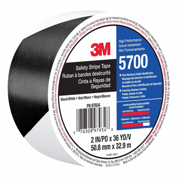Floor Marking Tape, vinyl, No Legend, Black/White, 2 in W, 108 ft, 5.4 mil, Striped