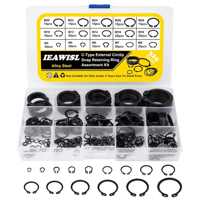 External Retaining Ring C-Clips Assortment, 15 Sizes