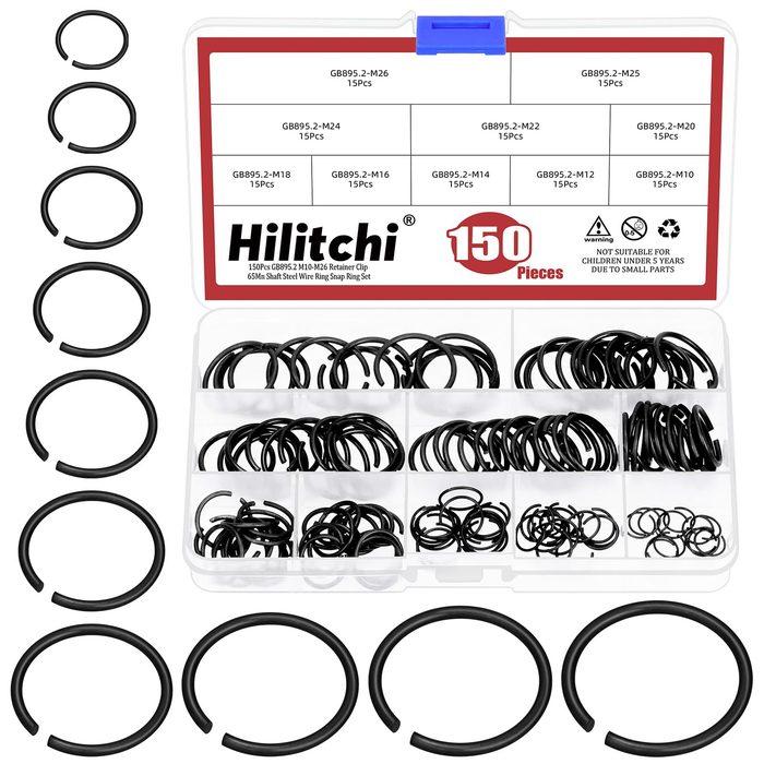 Round Wire C-Clips 10 Sizes Retainer Clip Black Internal Snap Rings Assortment Kit for Hole Shaft