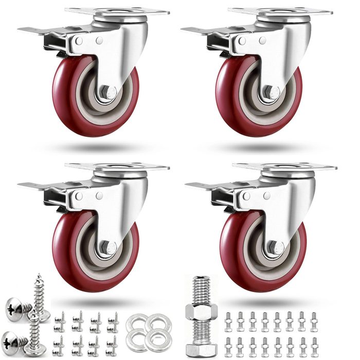 4 inch Lockable Bearing Plate Heavy Duty Caster with Brakes, 360-degree Swivel