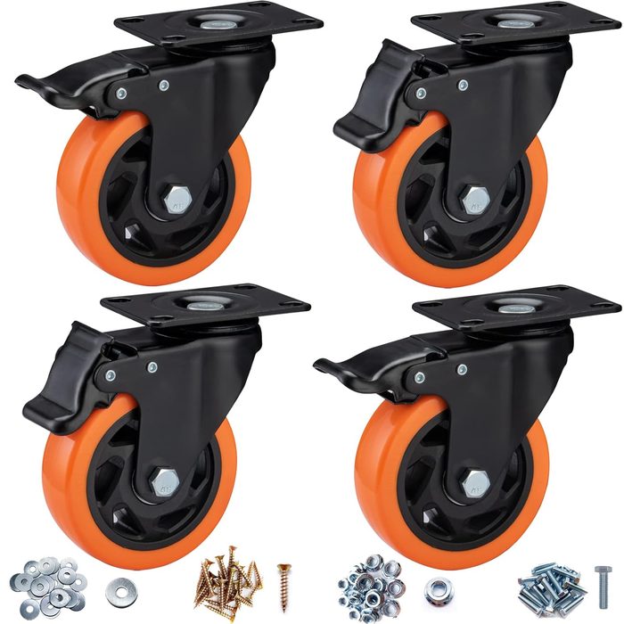 4" Caster Wheels, Heavy Duty - Orange Polyurethane, Top Plate Swivel with Brake