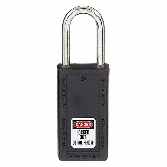 Safety Lockout Padlock, Keyed Different, Thermoplastic, Steel Shackle, Black