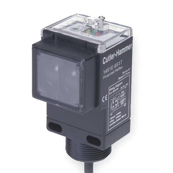 Polarized Retroreflective Photoelectric Sensor, Bare Wire, Right Angle, Rectangular, Selectable Light On/Dark On, NPN and PNP