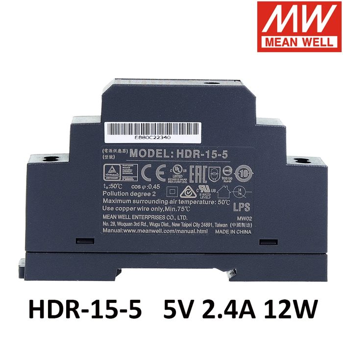 AC/DC DIN Rail Power Supply, 12W, 5V, 2.4A