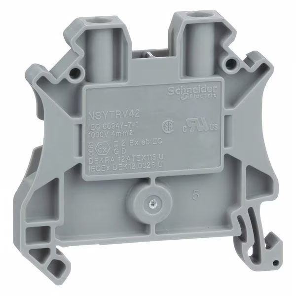 Pass-Through Terminal Block NSYTRV42, 1 Pole, 30 A, 1,000 V AC, 10 AWG, Screw Termination, Gray