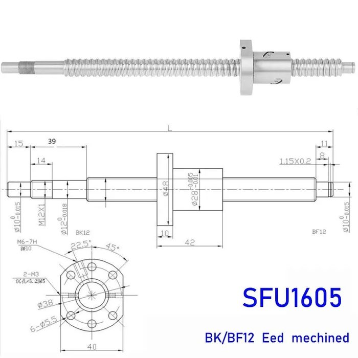 Ball Screw Set SFU1605 + BK/BF12, 360MM
