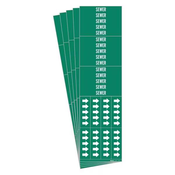Pipe Marker, Adhesive, White, Sewer, PK5