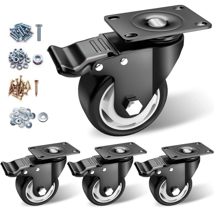 3 Inch Caster Wheels, Heavy Duty - Polyurethane, Swivel Plate with Brake